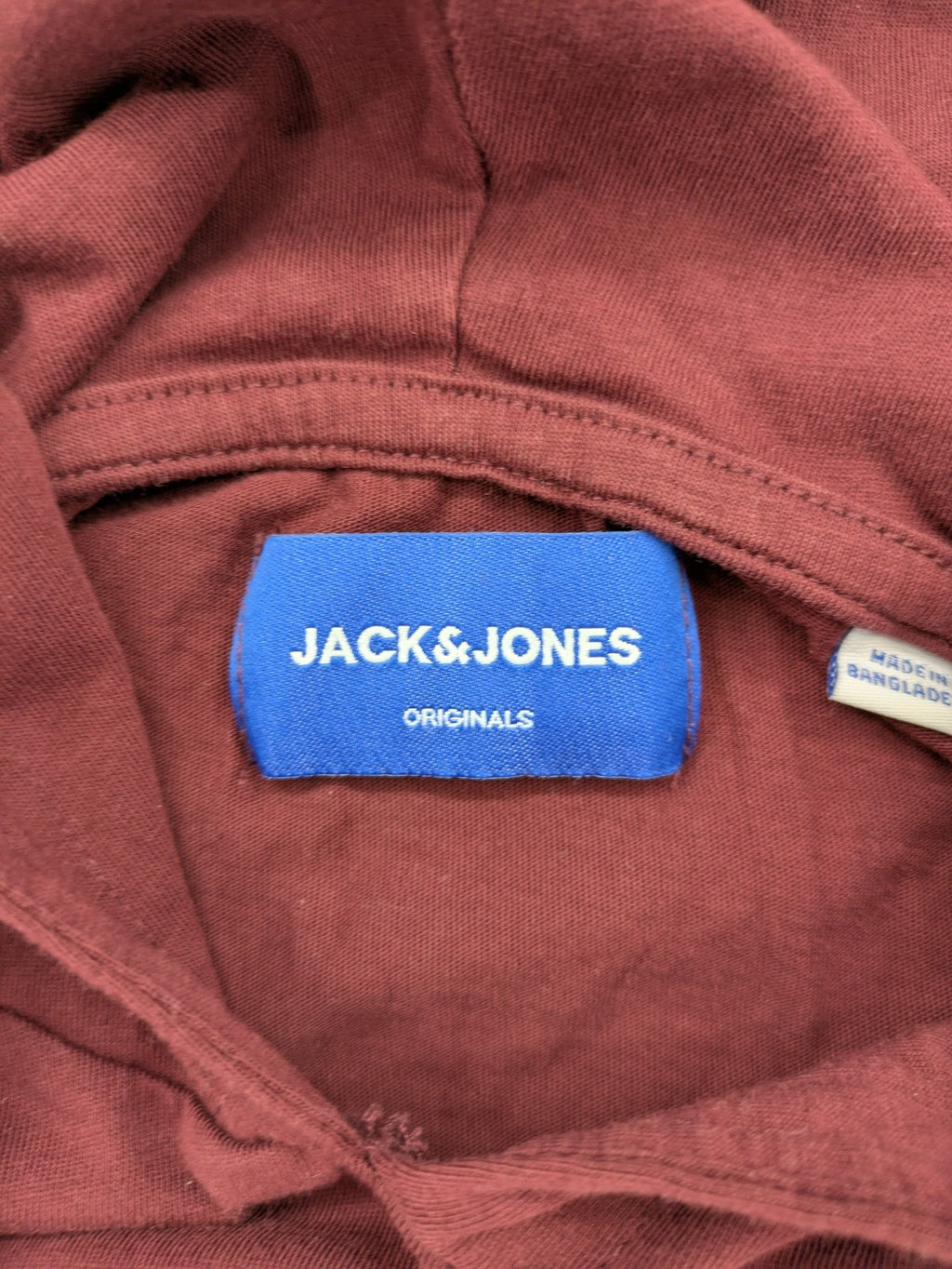 Jack & Jones Originals burgundy turtle neck jumper with large logo and adjustable hood.