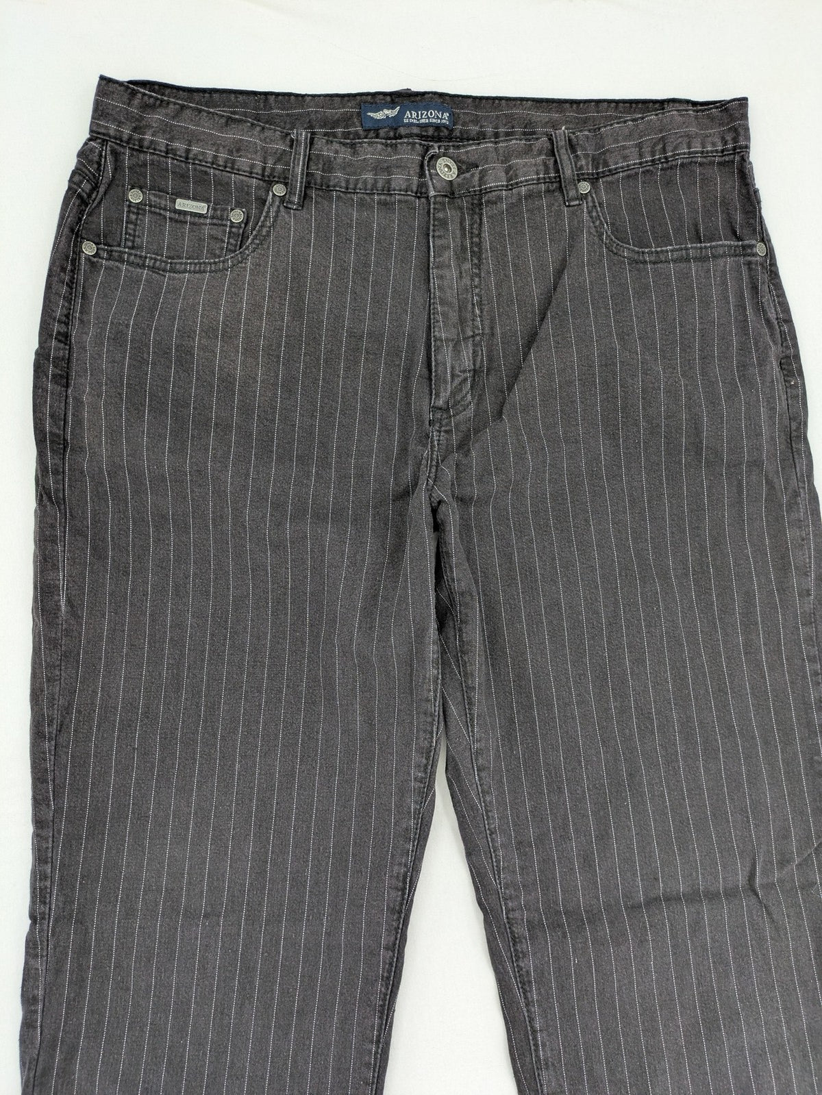 Arizona grey straight jeans with white pinstripe pattern, cotton blend material.