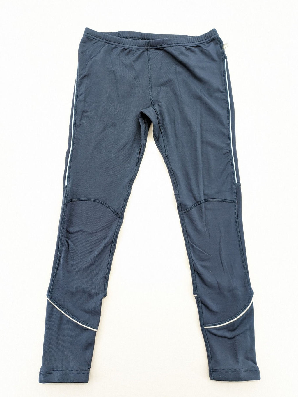 Crane Sports navy running tights with reflective details and zippered ankle openings.