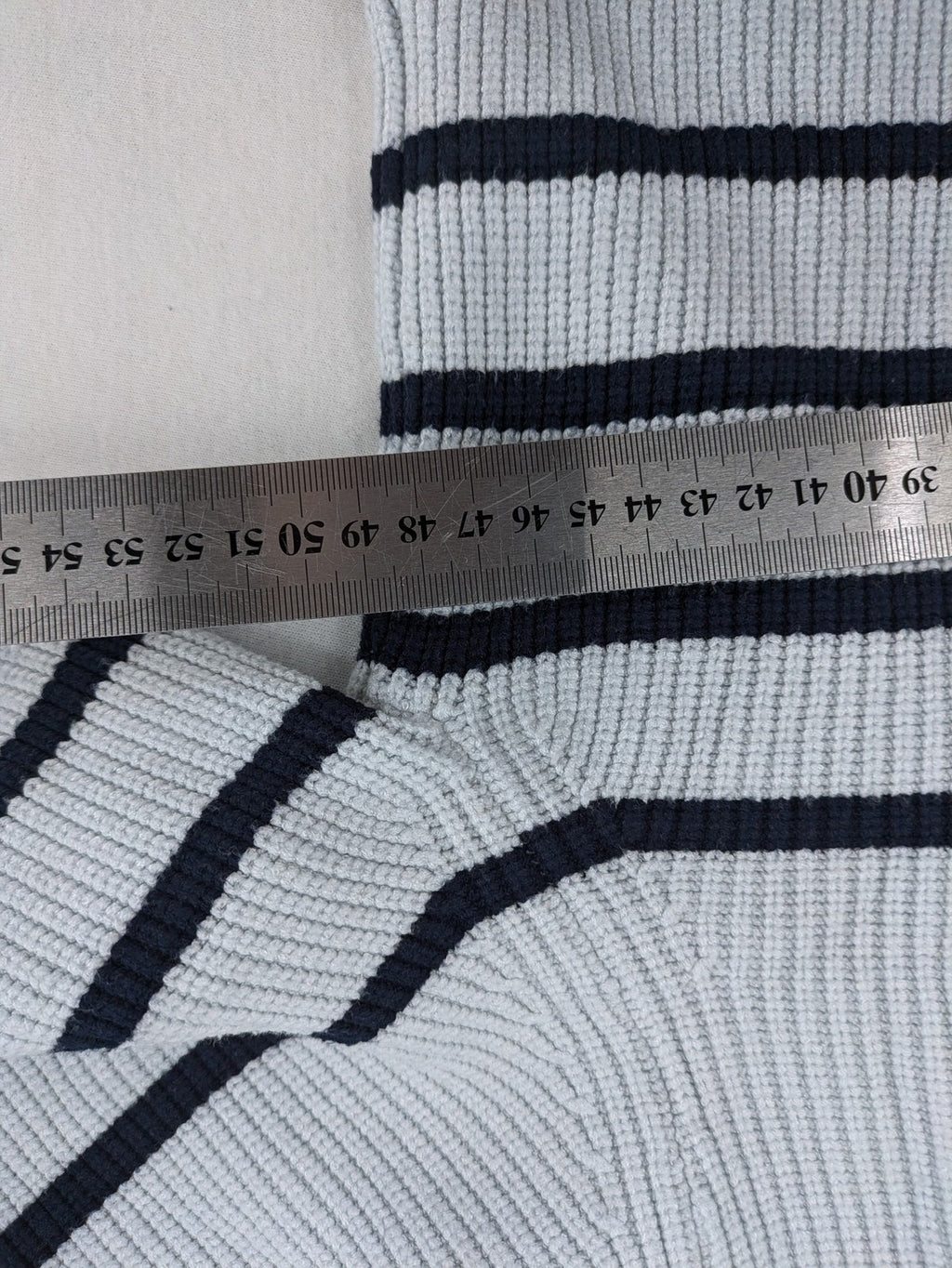 MNG blue striped turtle neck jumper with quarter zip and ribbed texture.