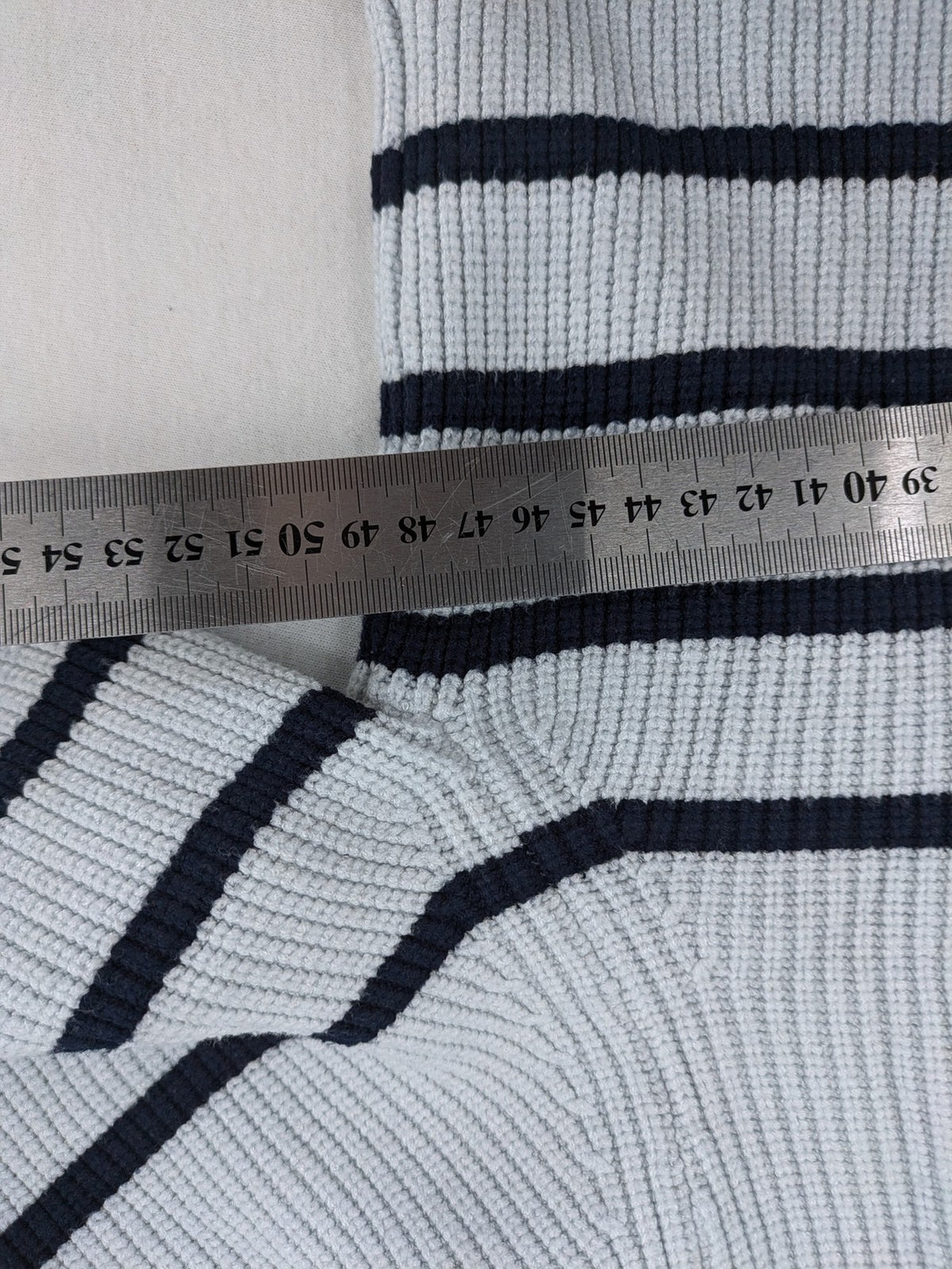 MNG blue striped turtle neck jumper with quarter zip and ribbed texture.