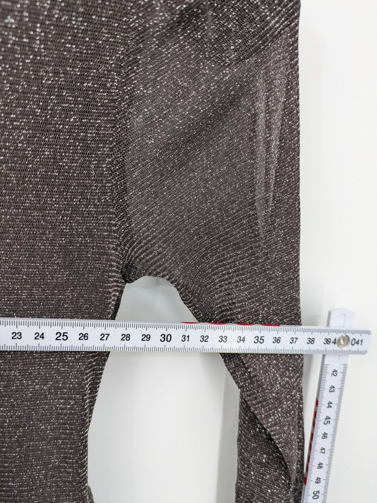 Abendkleid grey A-line dress metallic shimmer draped waist long sheer sleeves