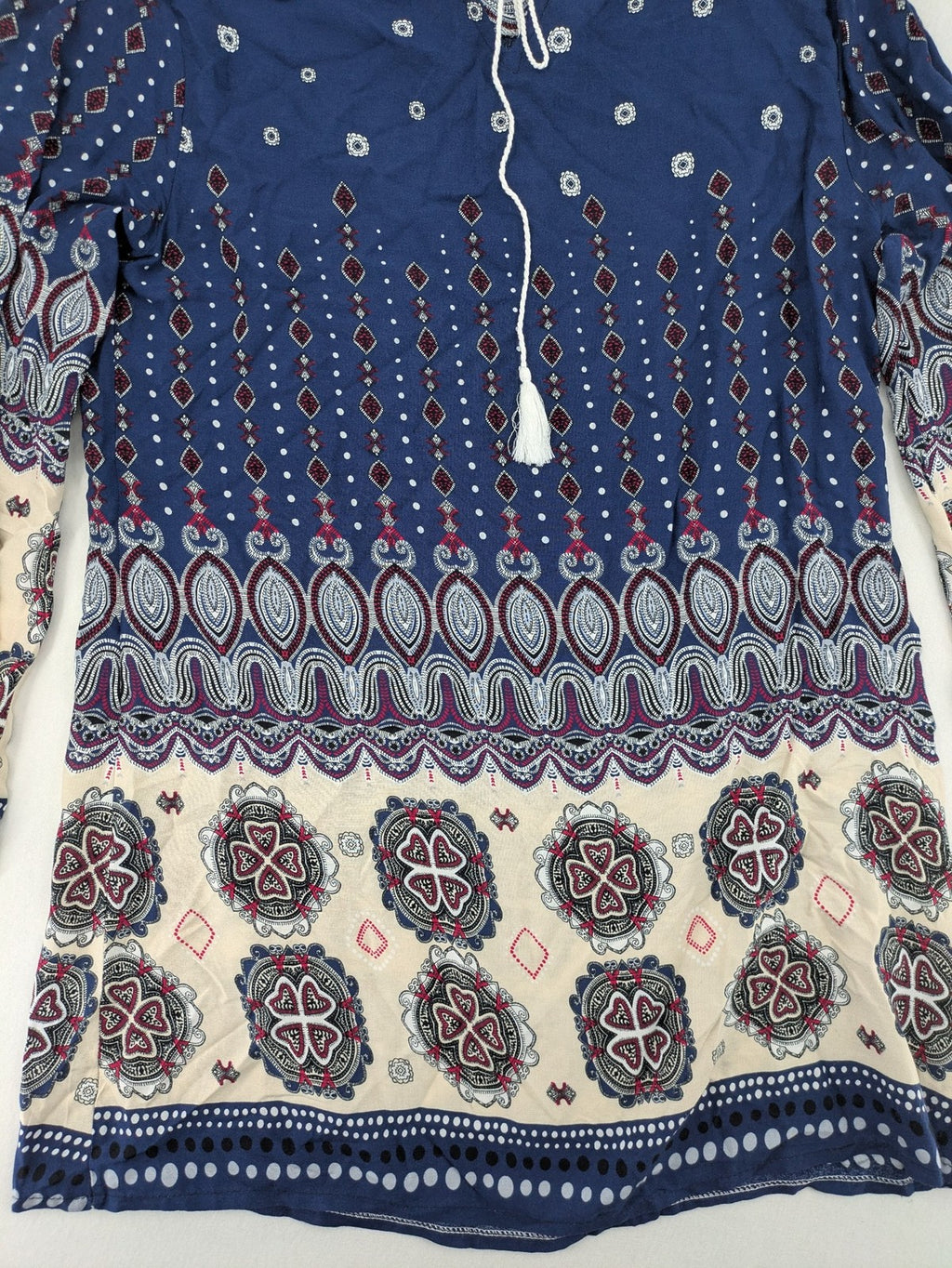 Uğurlar Collection multi tunic dress with vibrant Boho-Ethno pattern and V-neck tassel detail.