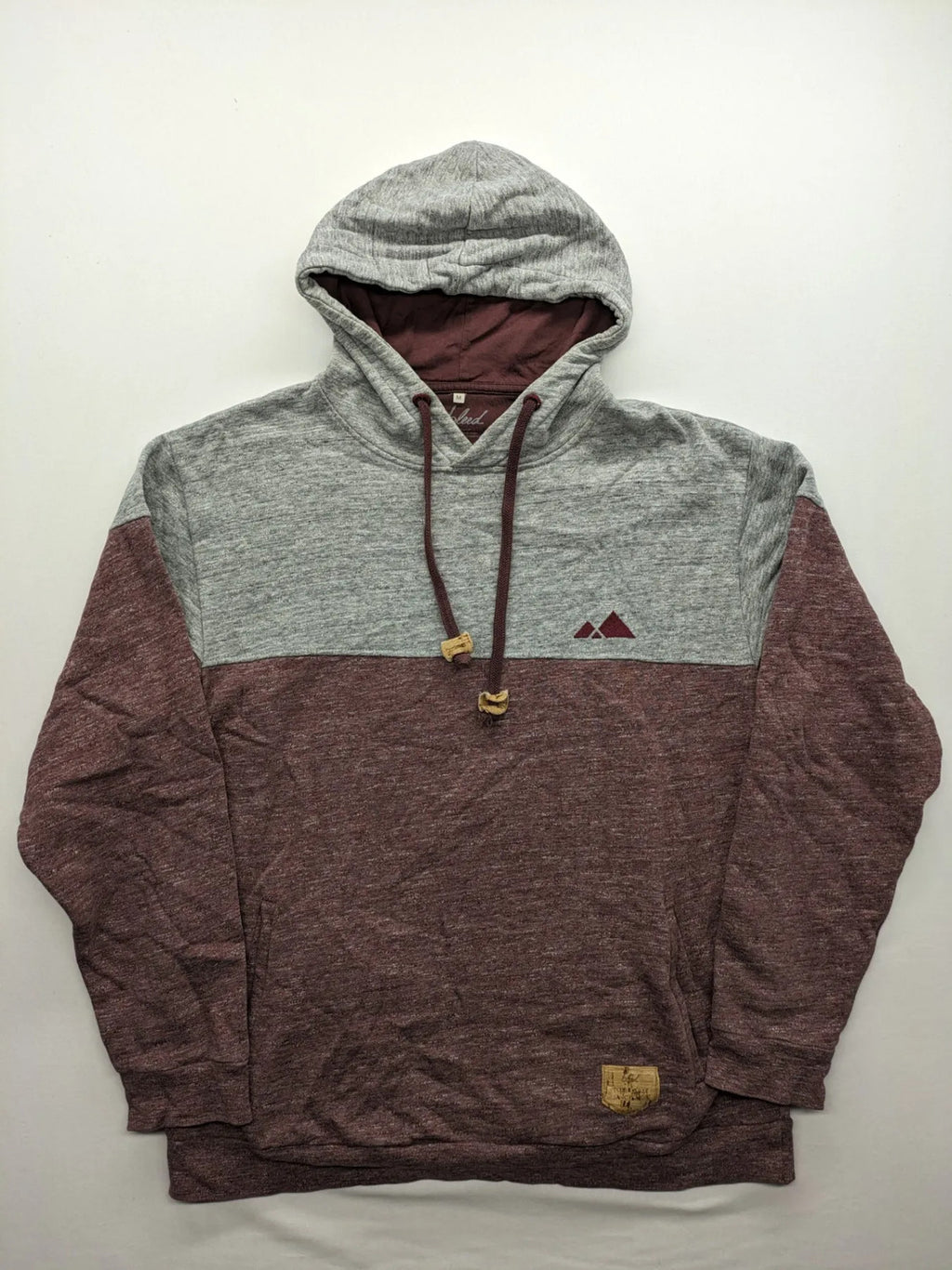 Bleed turtle neck jumper grey burgundy colorblock design with adjustable hood and kangaroo pocket.