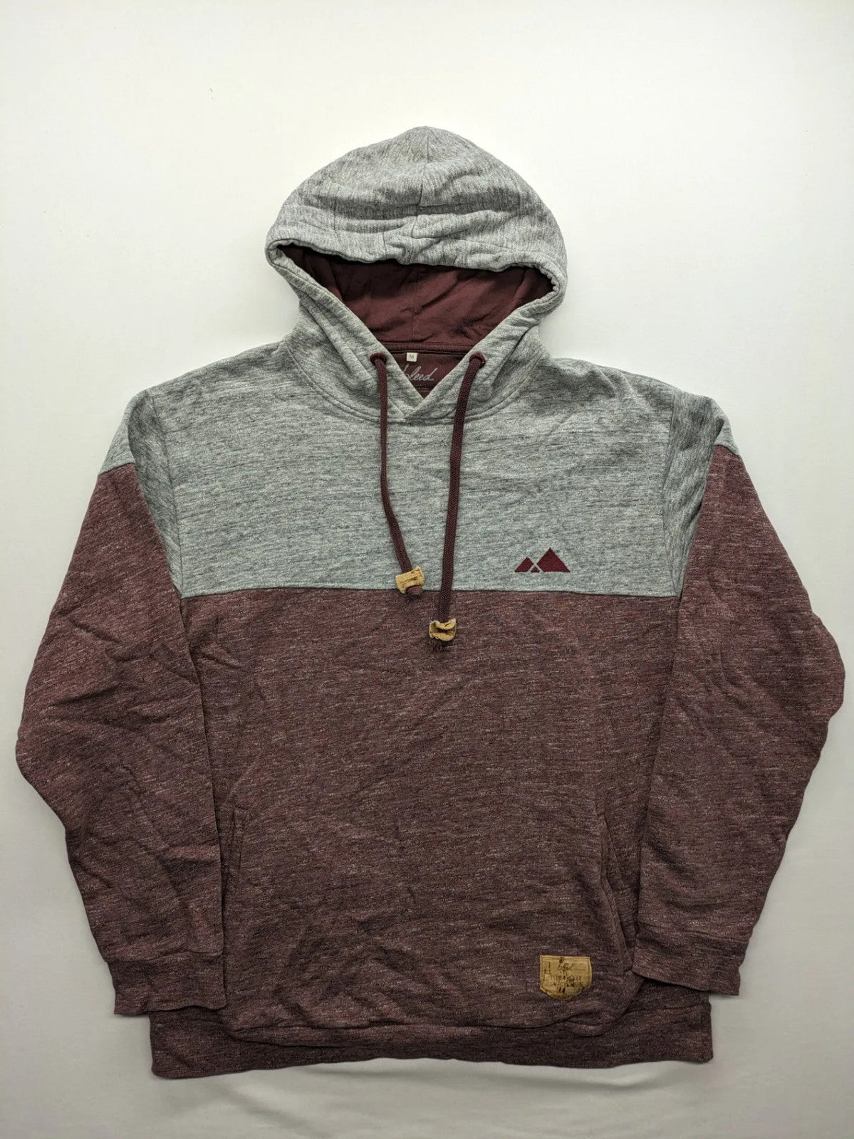 Bleed turtle neck jumper grey burgundy colorblock design with adjustable hood and kangaroo pocket.