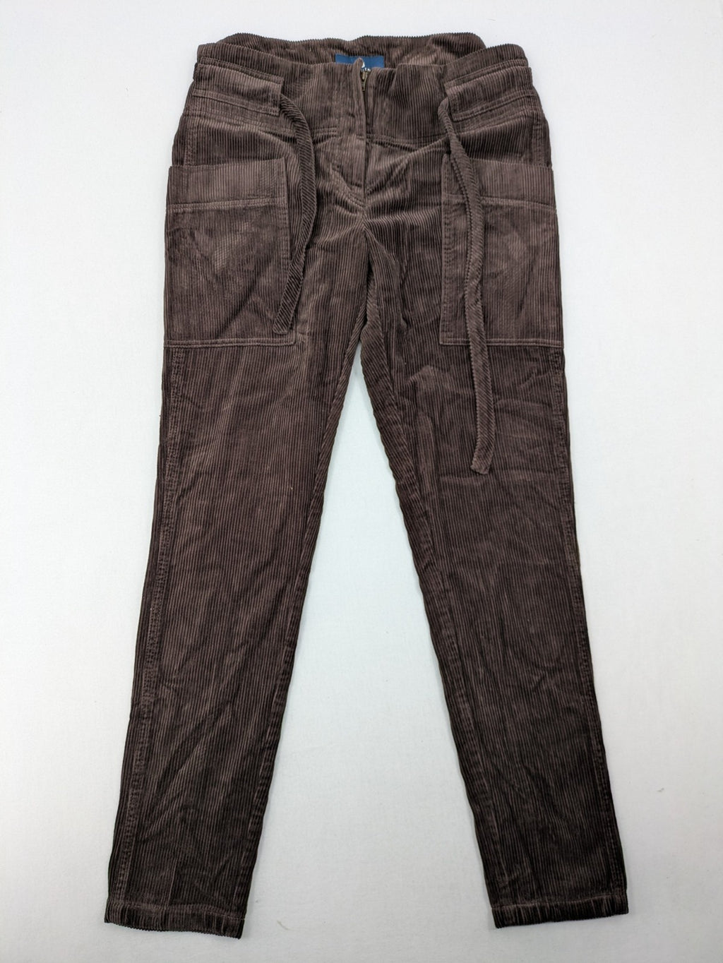 Alma & Lovis brown cord pants with drawstring, casual fit, and patch pockets.