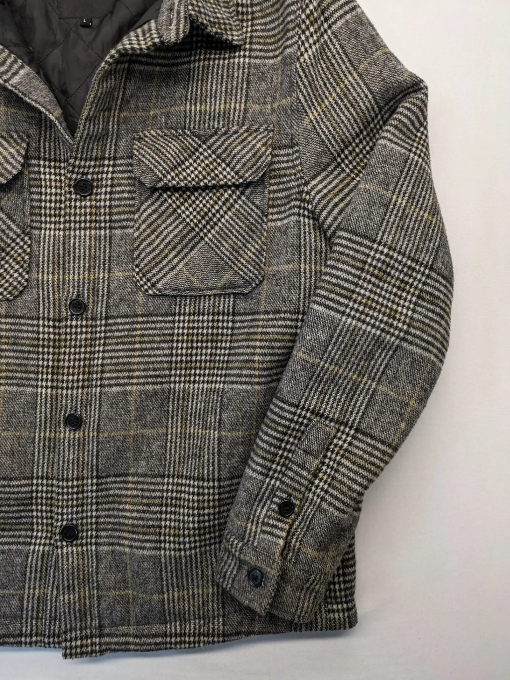 Clockhouse grey check shacket jacket with quilted lining and logo detail.