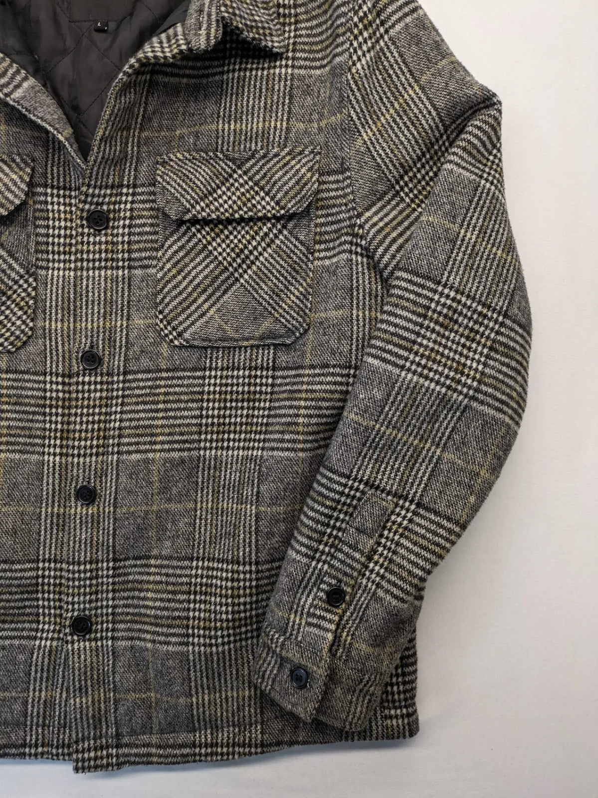 Clockhouse grey check shacket jacket with quilted lining and logo detail.