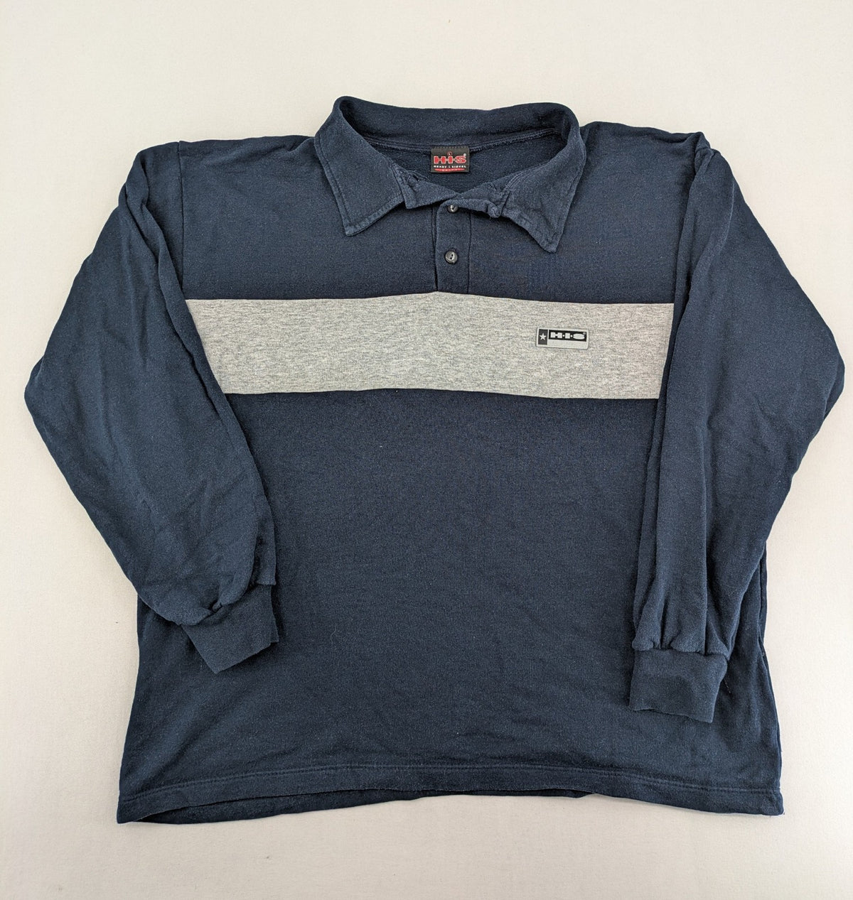 H.I.S navy turtle neck jumper with grey horizontal stripes and classic polo collar.