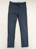 H&M navy chino pants with stretch, classic design, soft cotton blend material.