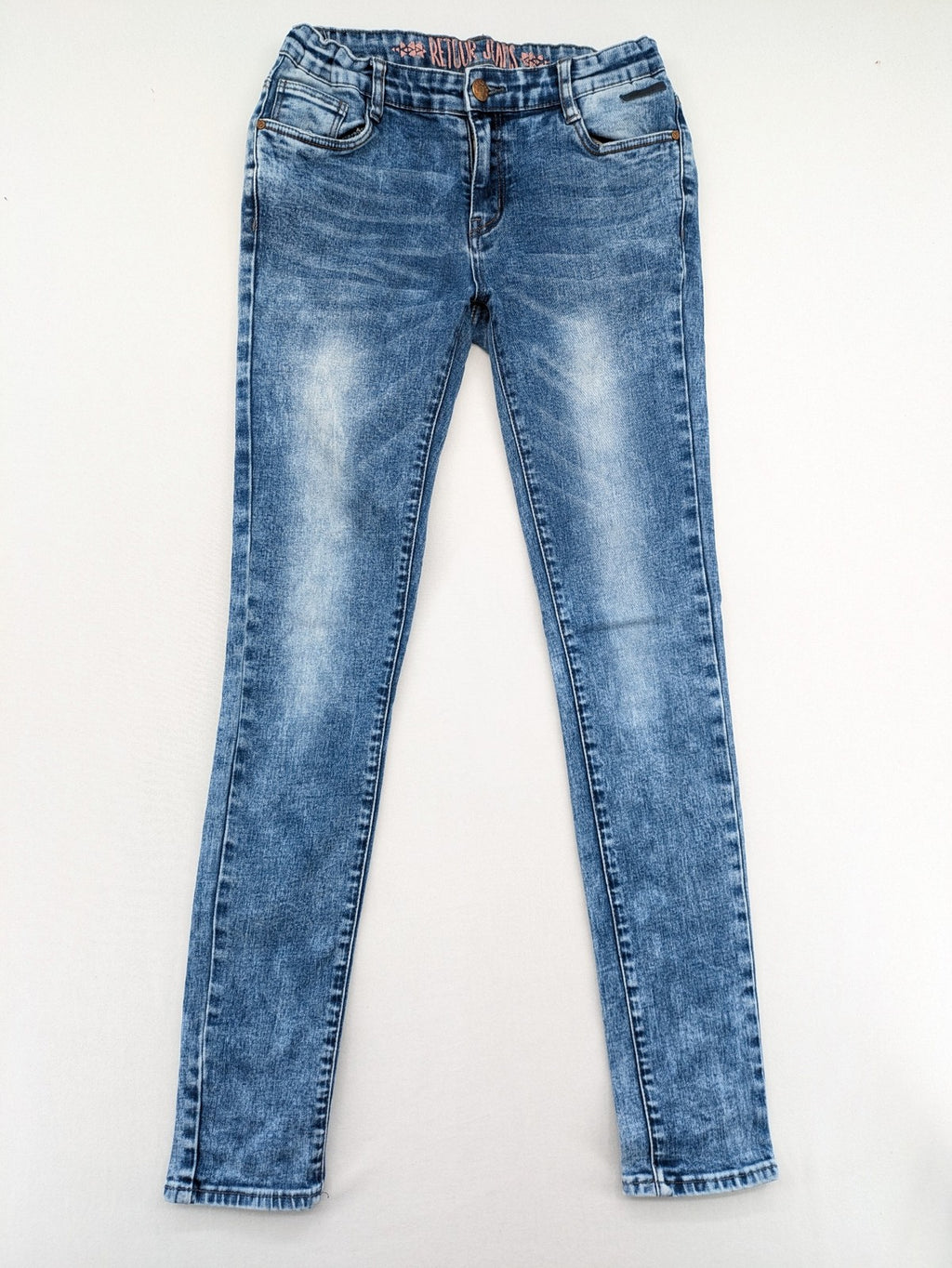 Retour blue slim fit jeans with classic 5-pocket style and adjustable waistband.