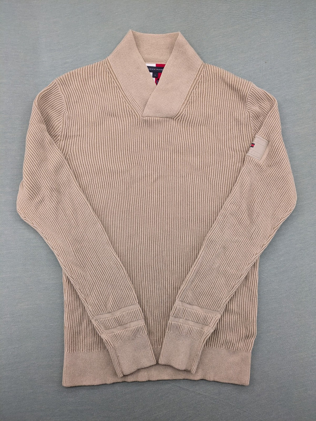 Tommy Hilfiger beige turtle neck jumper ribbed knit 100% cotton with shawl collar.
