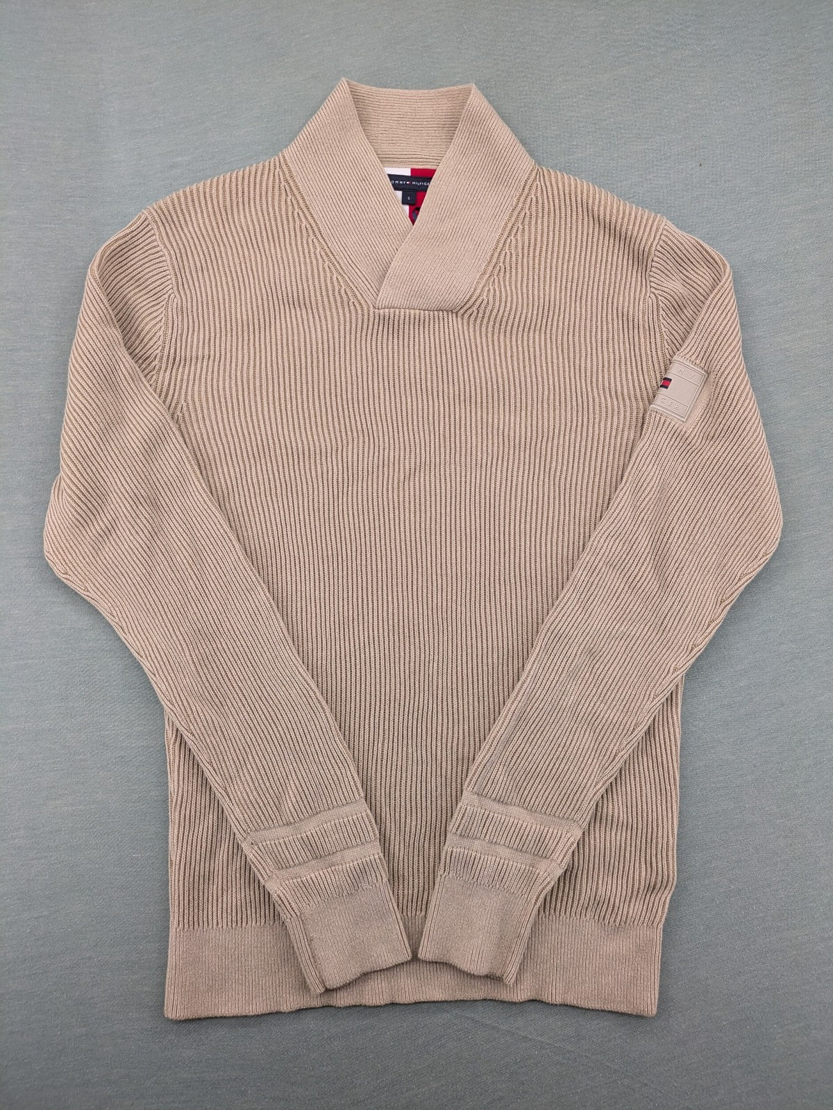 Tommy Hilfiger beige turtle neck jumper ribbed knit 100% cotton with shawl collar.