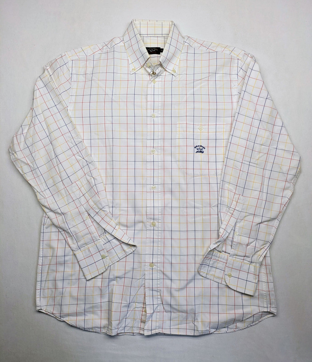 Paul & Shark multi-check long sleeve button-down shirt with embroidered logo on chest.