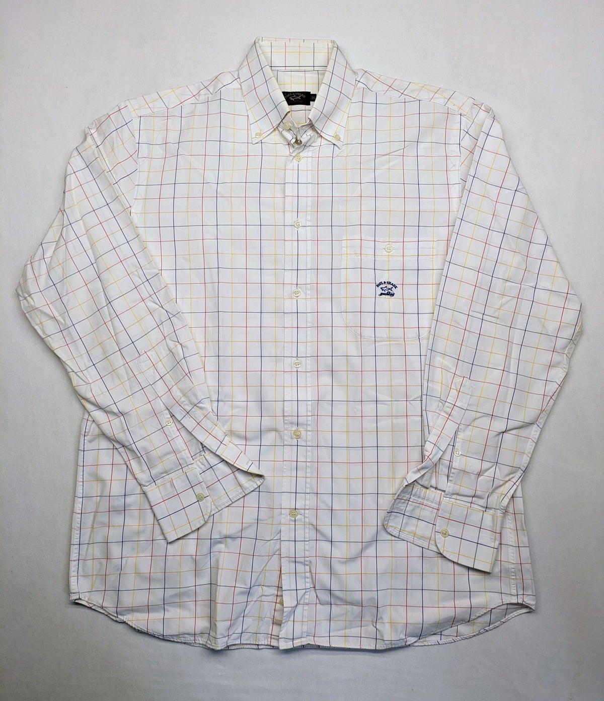 Paul & Shark multi-check long sleeve button-down shirt with embroidered logo on chest.