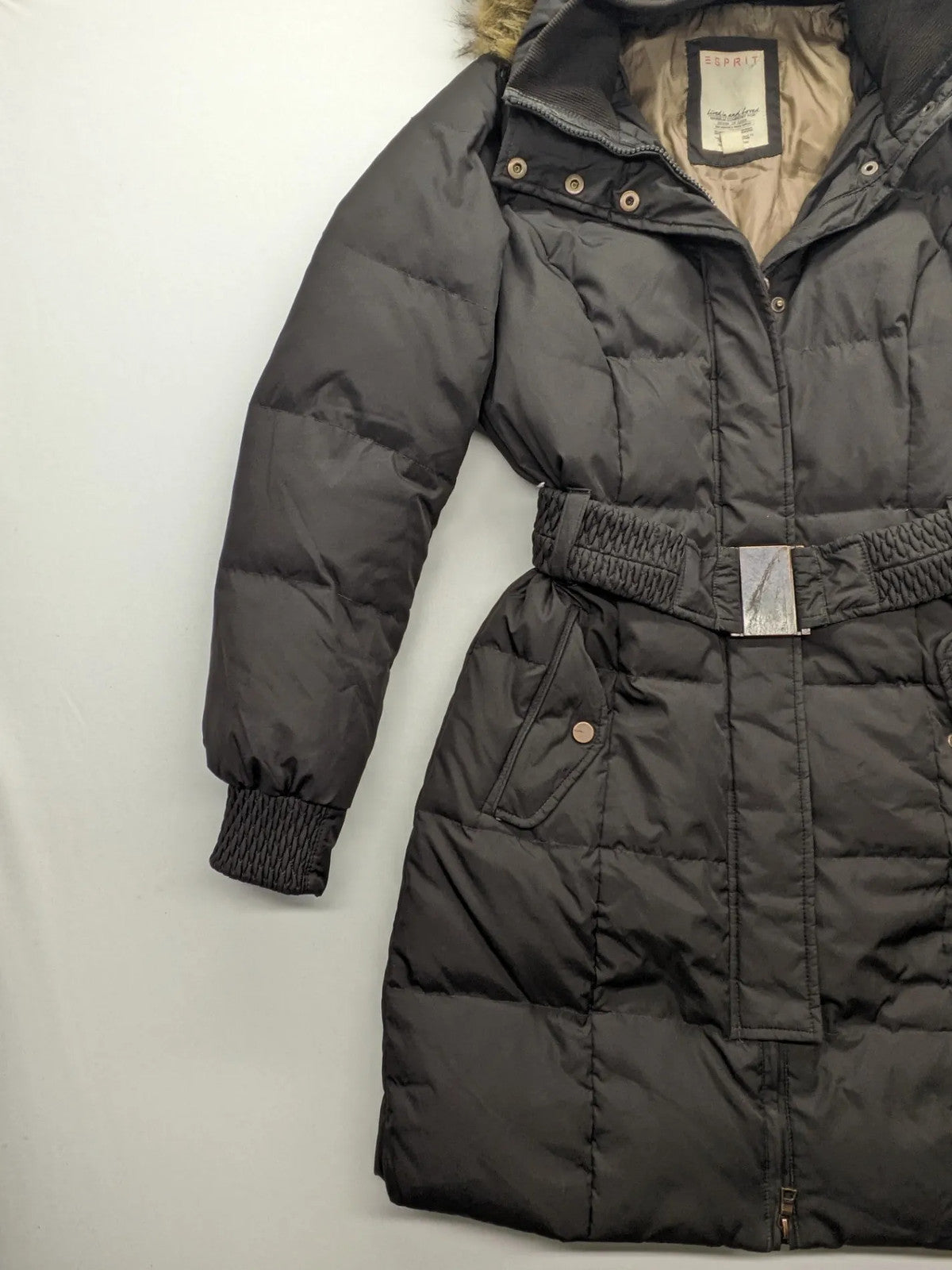 Esprit black quilted coat with removable faux fur hood and elastic waist belt.