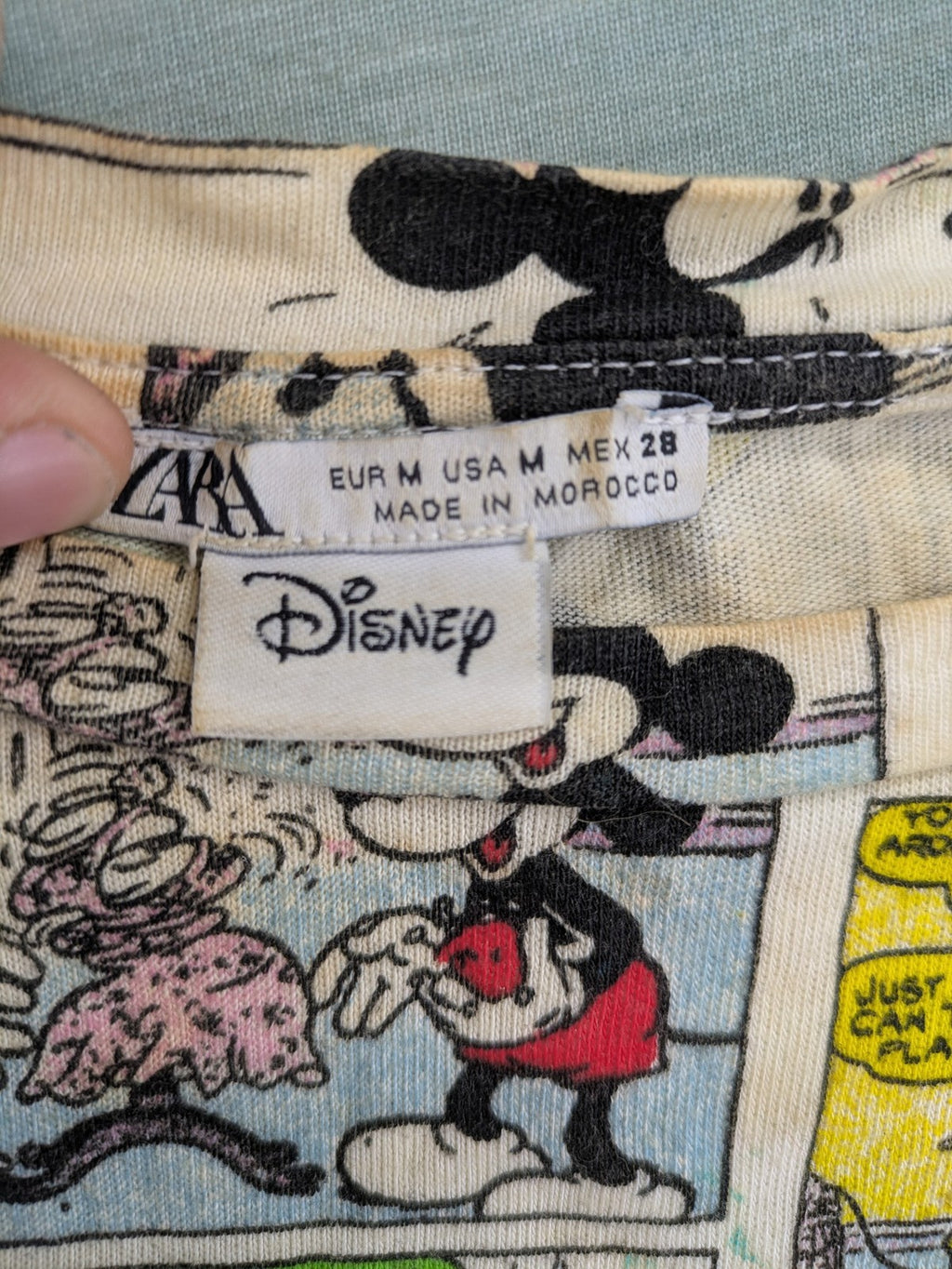 Zara multi-coloured cropped t-shirt featuring vibrant Mickey Mouse comic print and short sleeves.