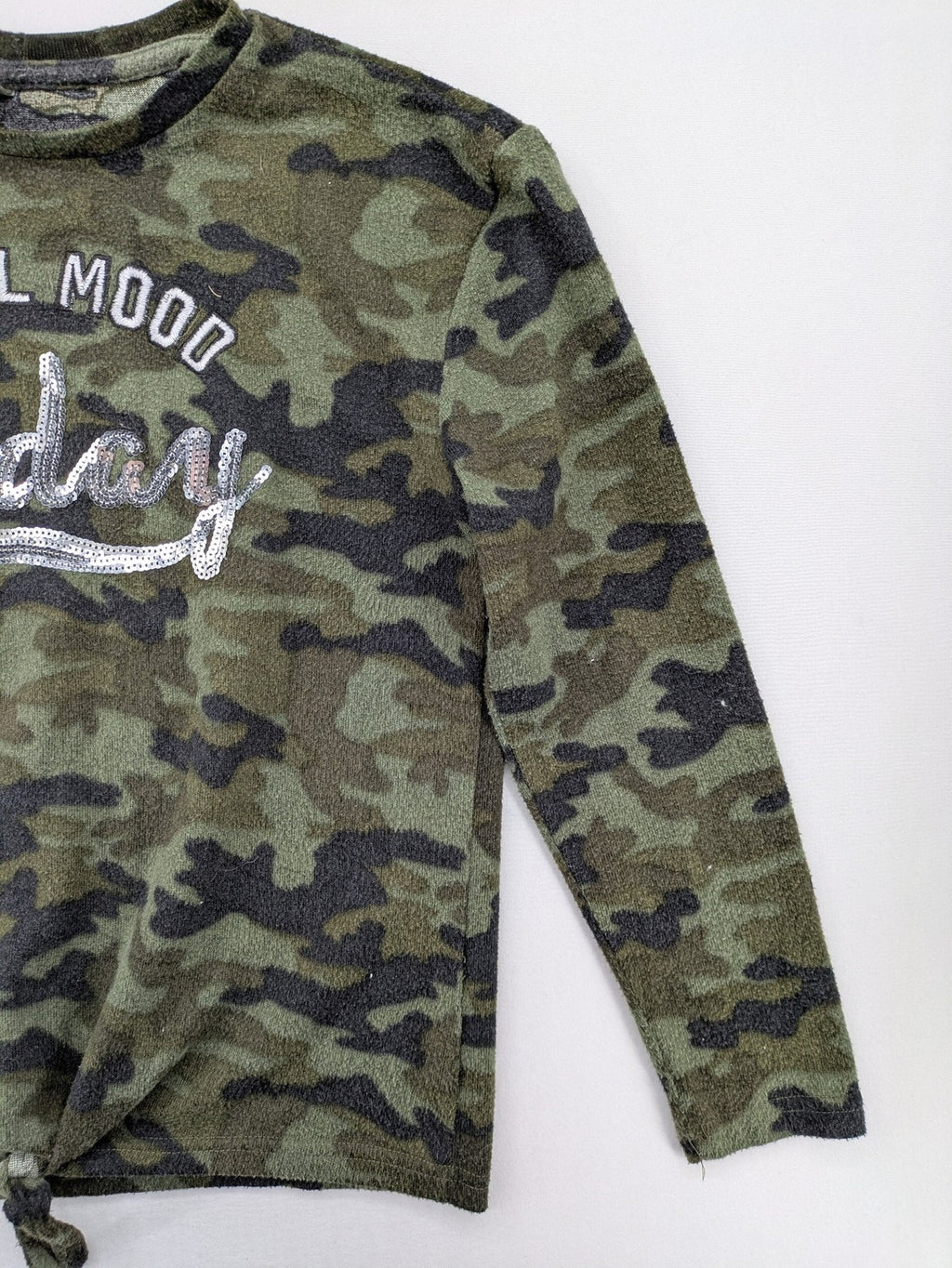 YFK turtle neck jumper multi camouflage print with sequined "COOL MOOD Today" graphic.