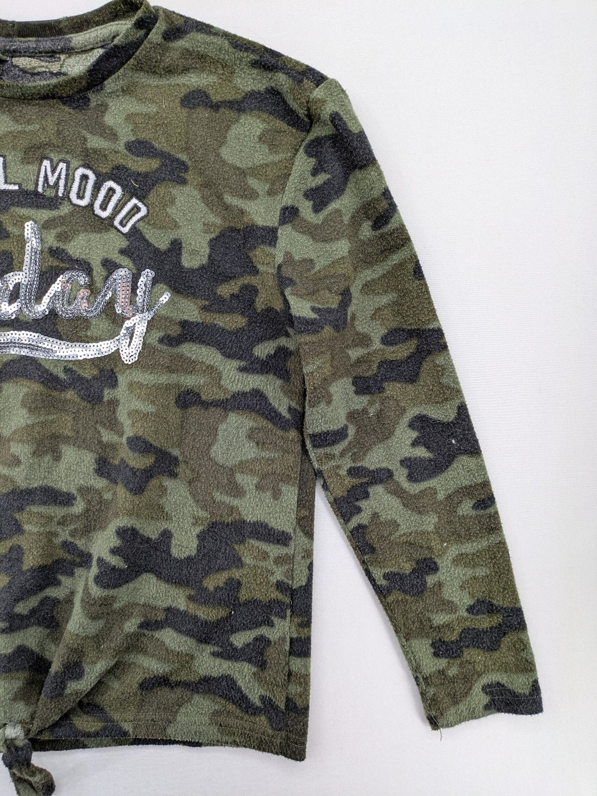 YFK turtle neck jumper multi camouflage print with sequined "COOL MOOD Today" graphic.