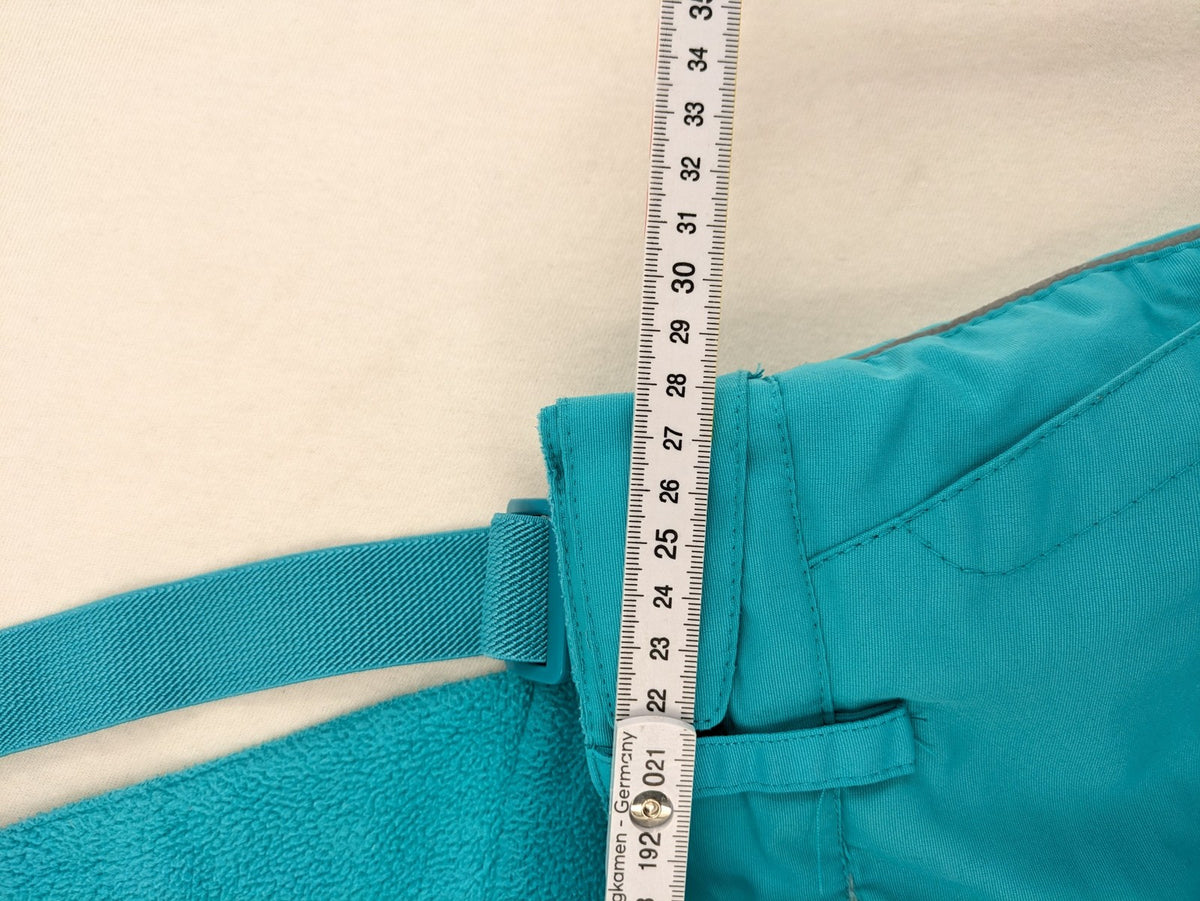 Topolino blue and turquoise snow pants with adjustable straps and fleece-lined bib.