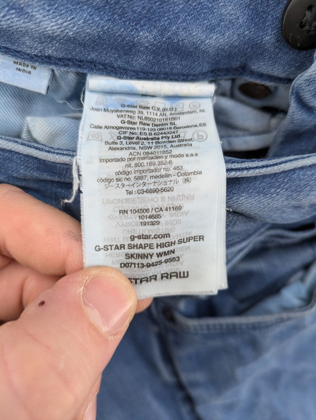 G-Star Raw blue high super skinny jeans with medium wash and logo details.