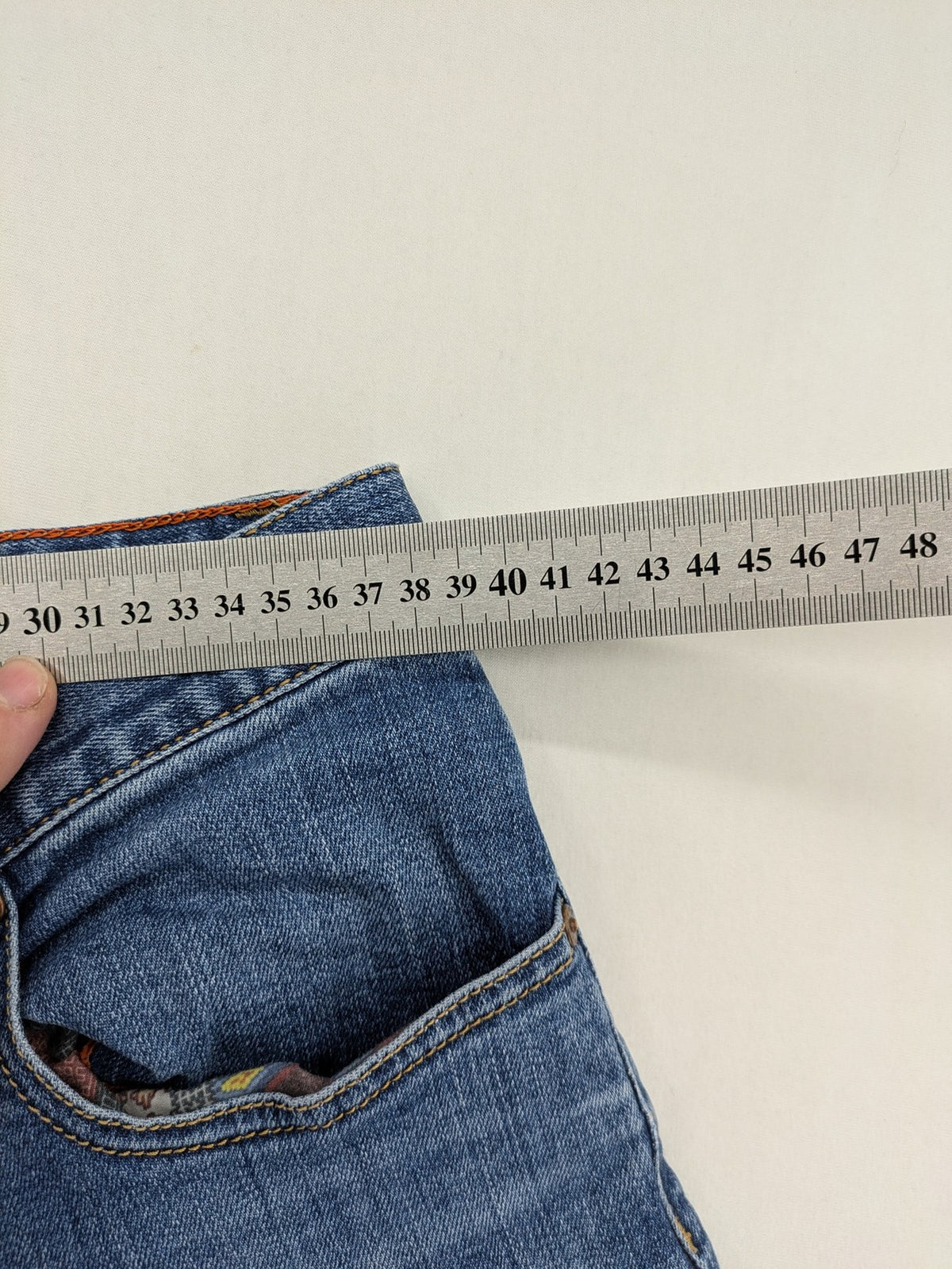 ALBERTO blue straight jeans with orange stitching, vintage denim, regular slim fit.