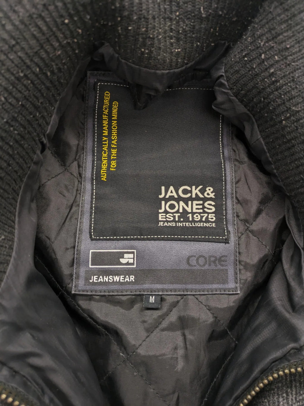 Jack & Jones grey coat herringbone pattern with two-button closure and side pockets.