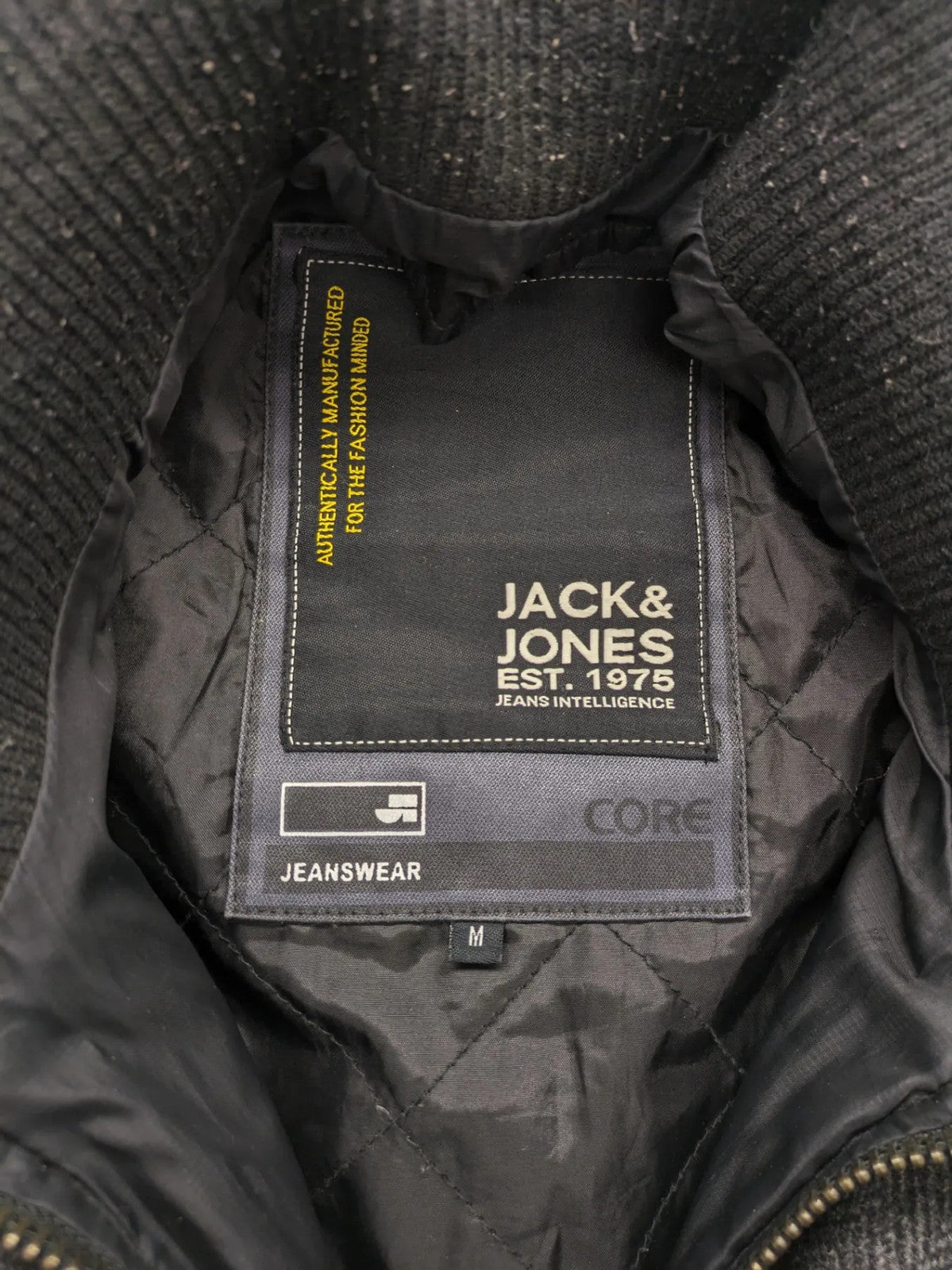 Jack & Jones grey coat herringbone pattern with two-button closure and side pockets.