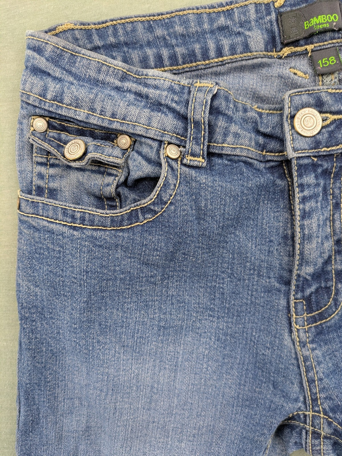 Bamboo blue straight jeans size 158, medium wash, classic 5-pocket style, stretch denim.