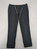 REI grey pants asymmetrical design with diagonal zipper and button placket, cotton blend.
