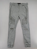 KSCY grey straight jeans with distressed details and ribbed biker inserts.
