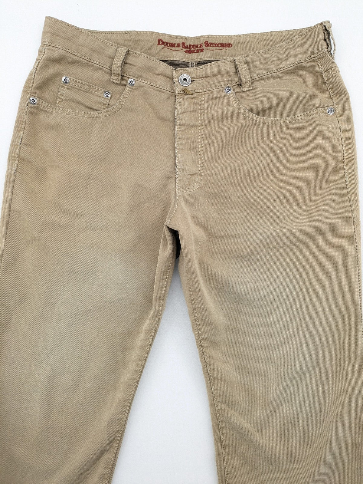 Joker beige straight jeans with double saddle stitching and classic 5-pocket design.