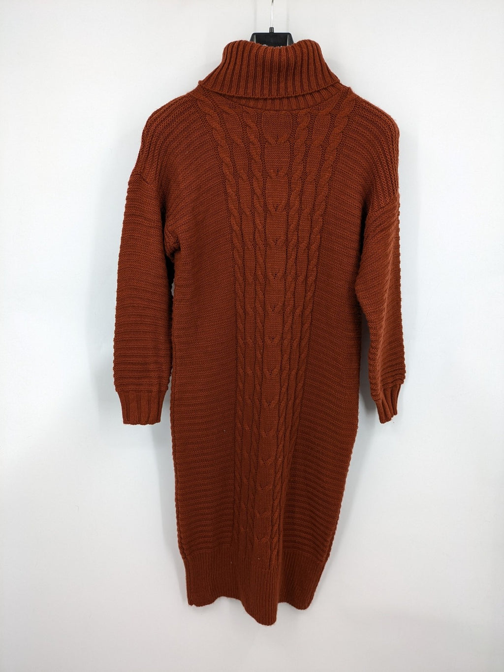Braun brown turtle neck jumper with decorative cable knit pattern and long sleeves.