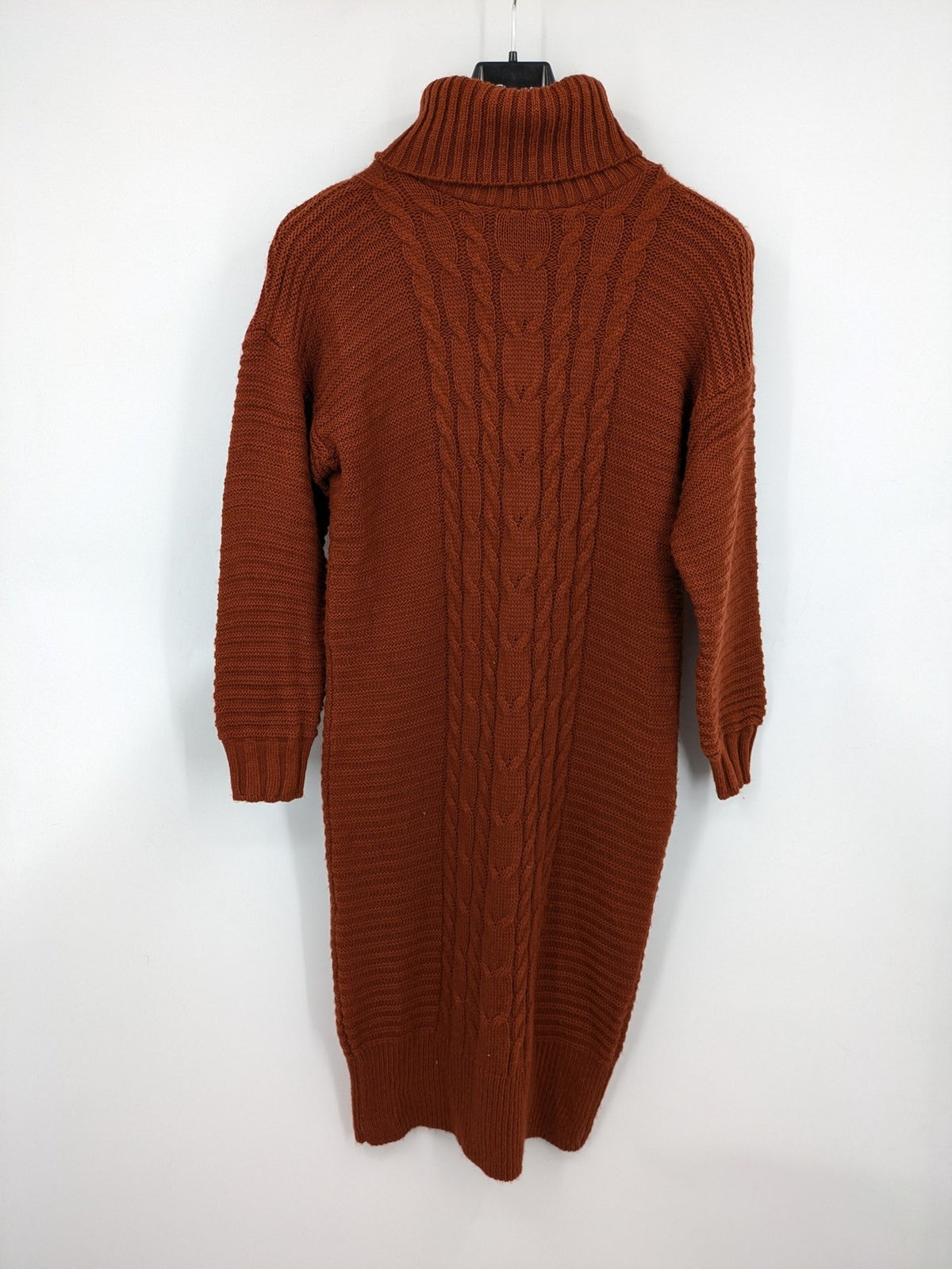 Braun brown turtle neck jumper with decorative cable knit pattern and long sleeves.