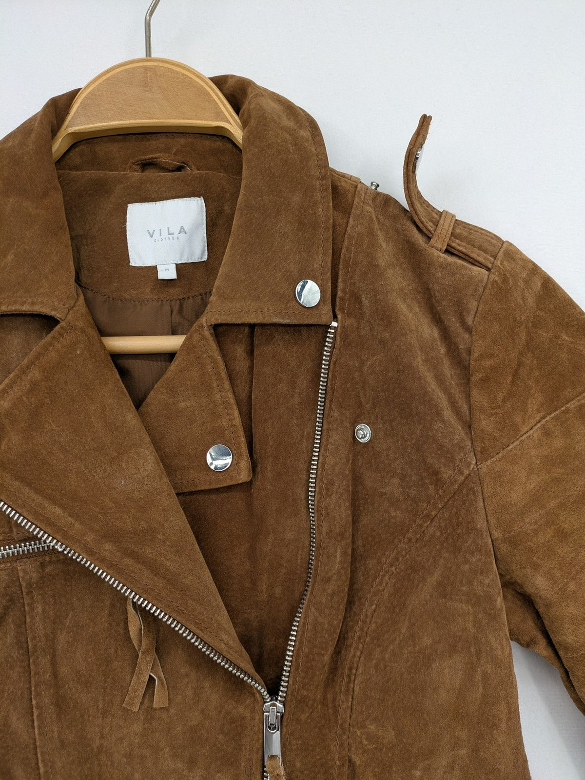 Vila brown biker jacket Vicris soft suede asymmetric zipper metal details