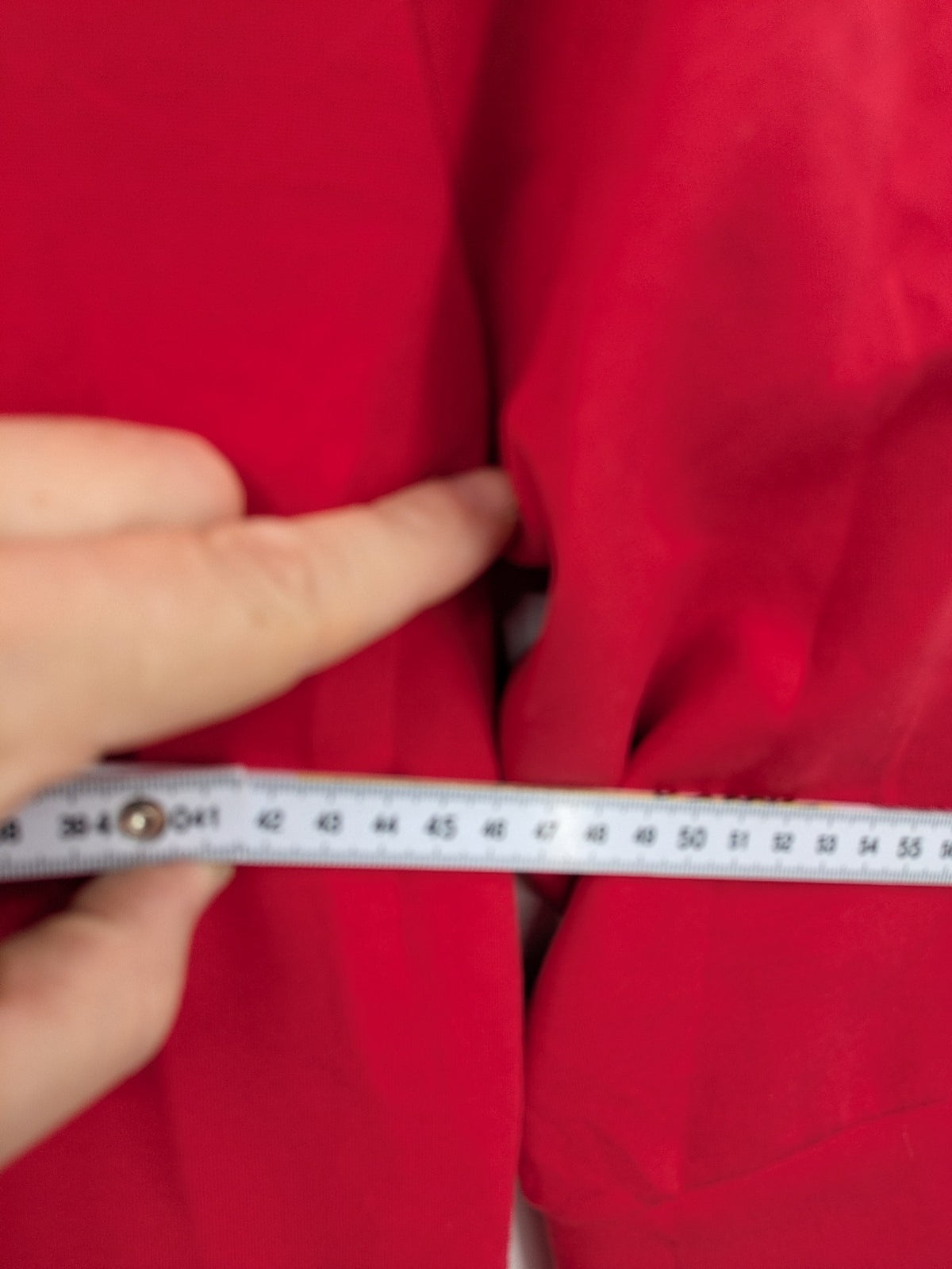 H&M red A-line dress with stand collar, 3/4 sleeves, and side pockets in stretchy jersey.