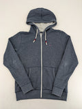 Tommy Jeans blue full zip hoodie with logo, adjustable hood, and kangaroo pockets.