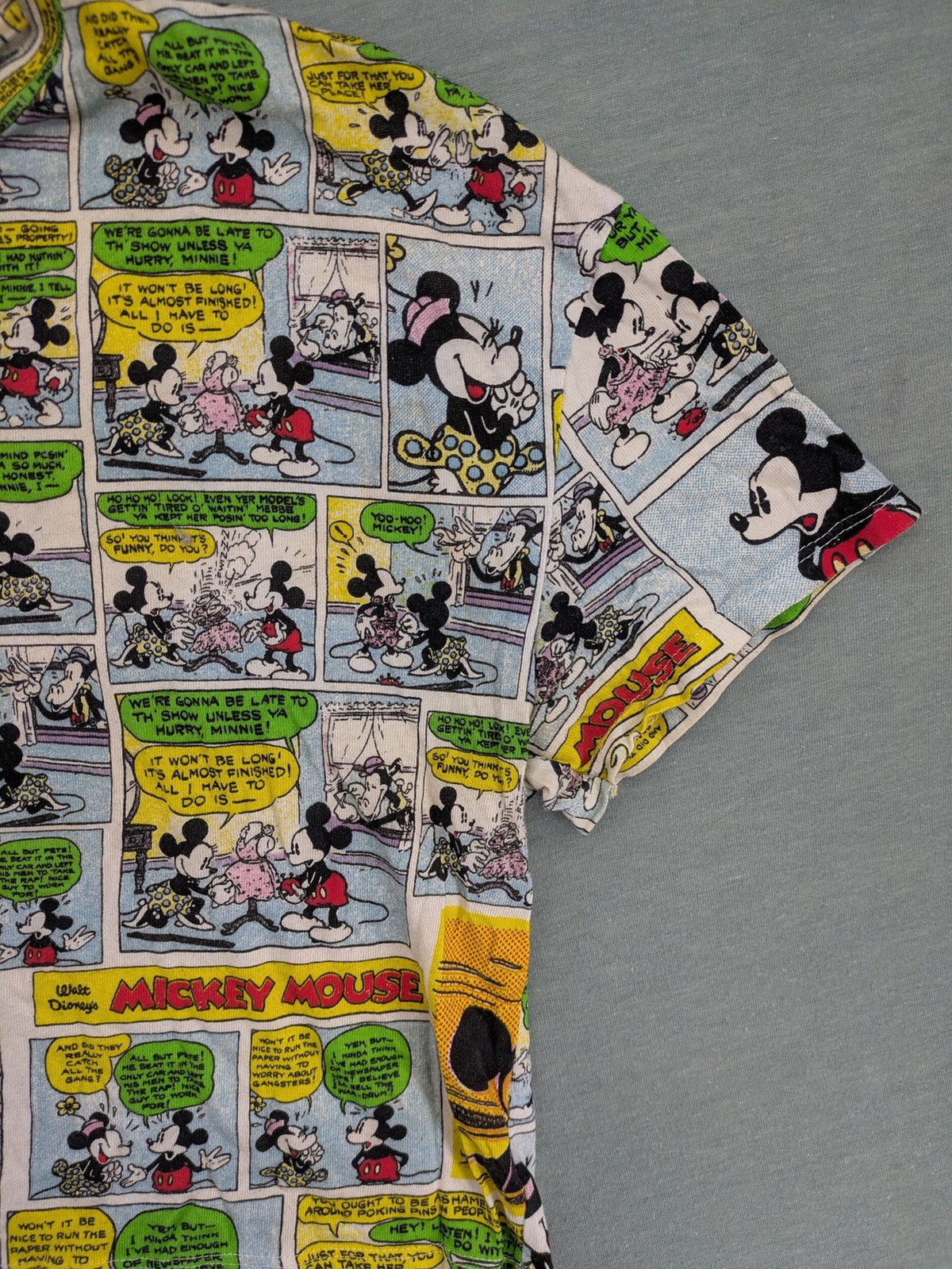 Zara multi-coloured cropped t-shirt featuring vibrant Mickey Mouse comic print and short sleeves.