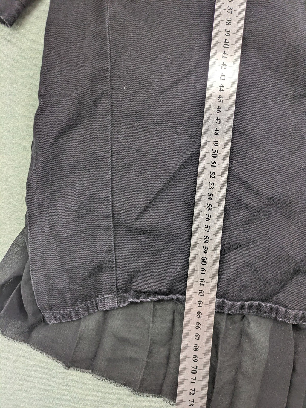Diesel grey tunic top with denim front, pleated chiffon back, and D-ring detail.