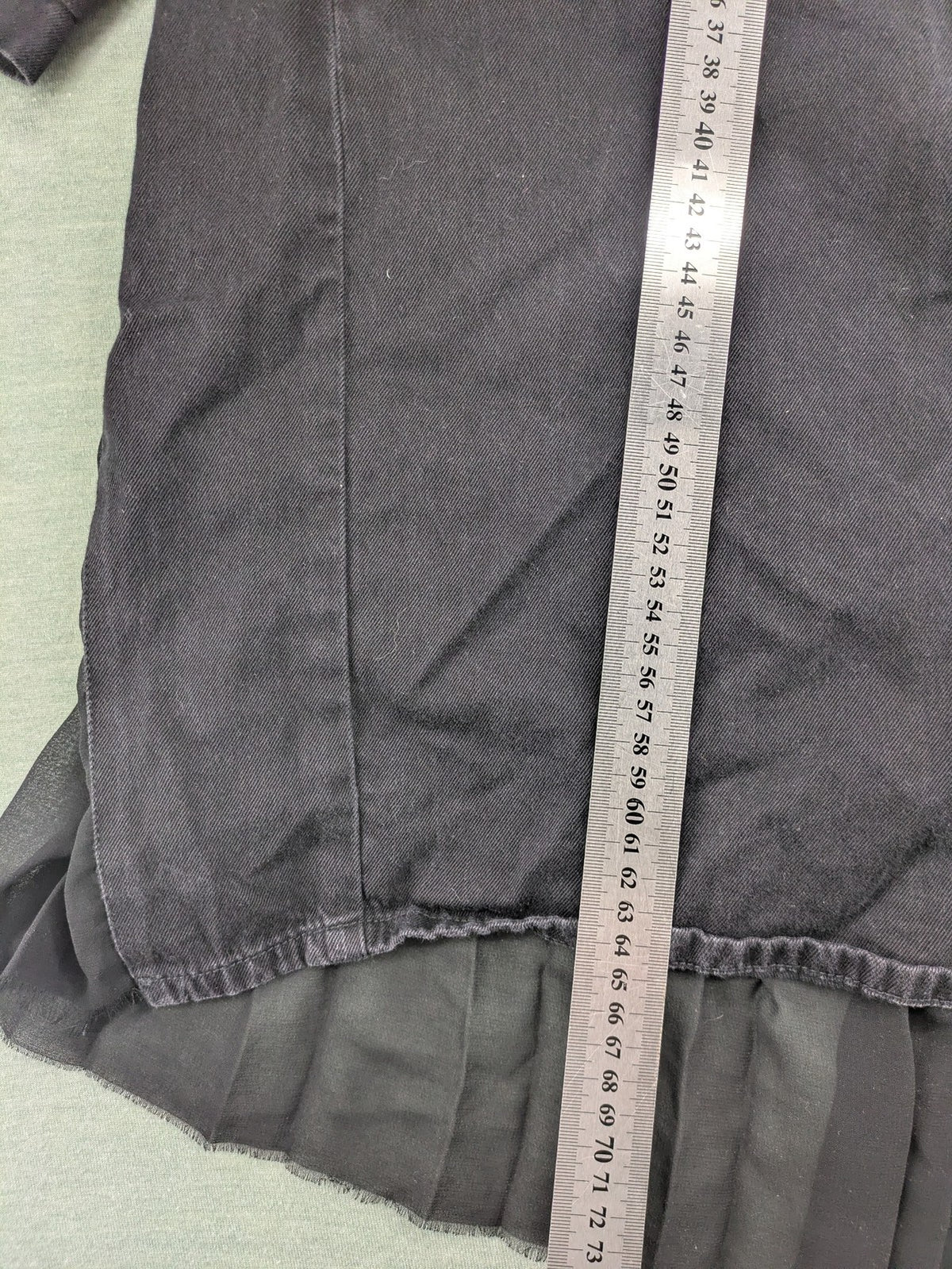 Diesel grey tunic top with denim front, pleated chiffon back, and D-ring detail.