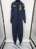Hyundai Motorsport Sabelt racing suit navy blue with embroidered Shell and Michelin logos.