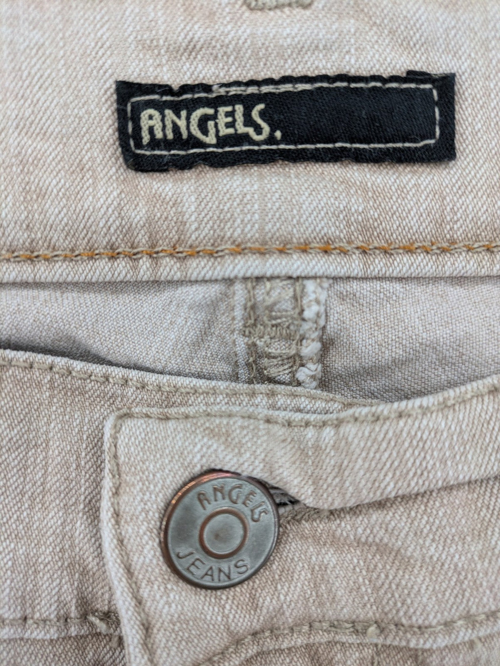 Angels beige straight leg jeans with five-pocket design and zipper button closure.