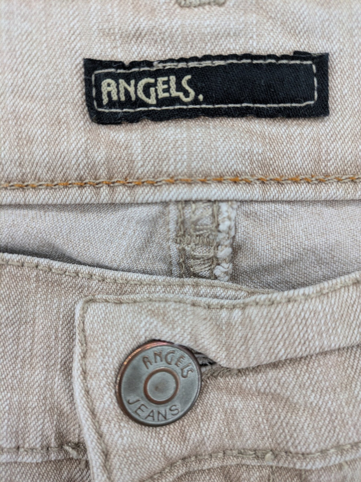 Angels beige straight leg jeans with five-pocket design and zipper button closure.