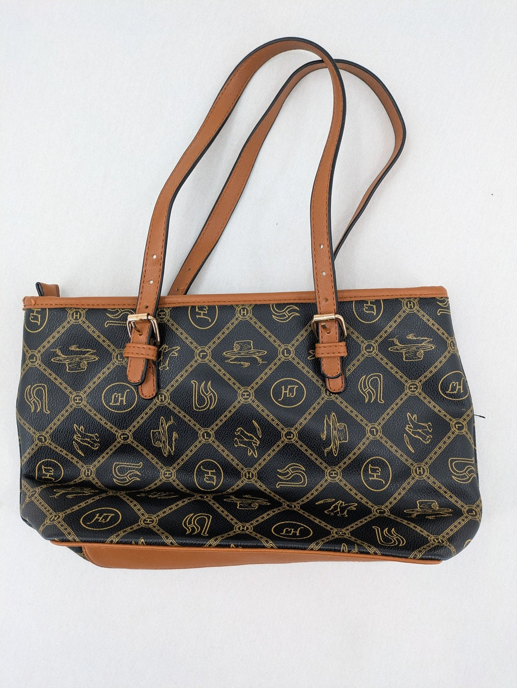 L&H brown and black handbag with monogram pattern and gold accents, versatile shoulder strap.