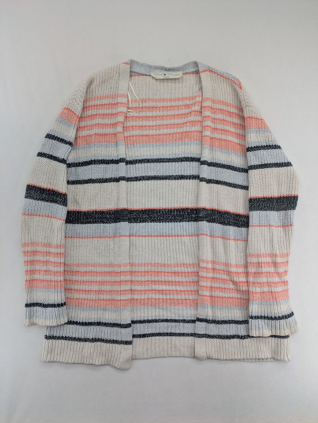 Jonas multi turtle neck jumper with striped pattern and open front design.