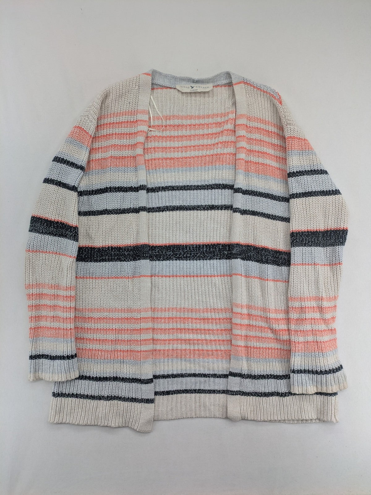 Jonas multi turtle neck jumper with striped pattern and open front design.