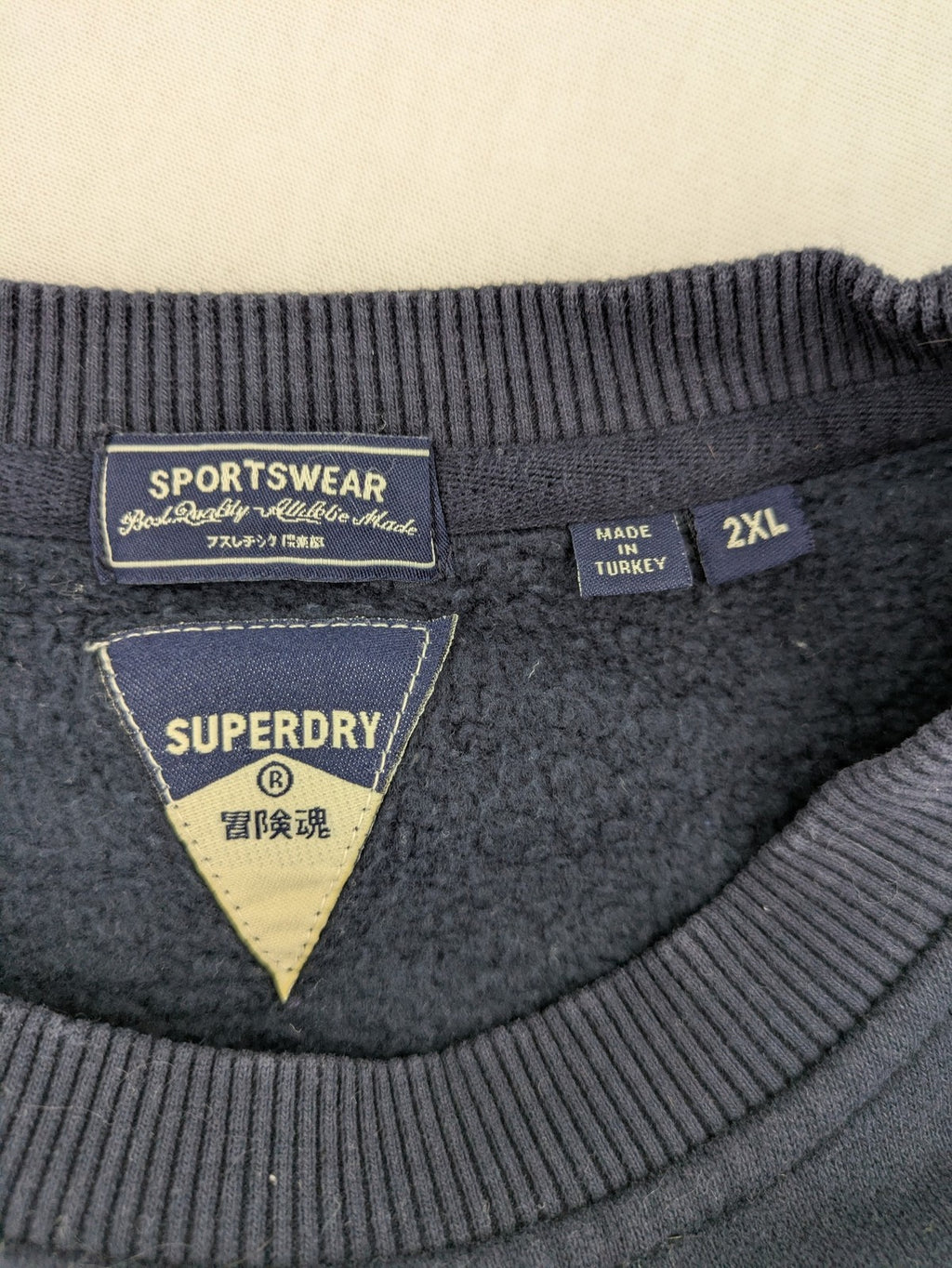 Superdry navy sweatshirt with embroidered tiger graphic and "JPN 54" chenille detail.