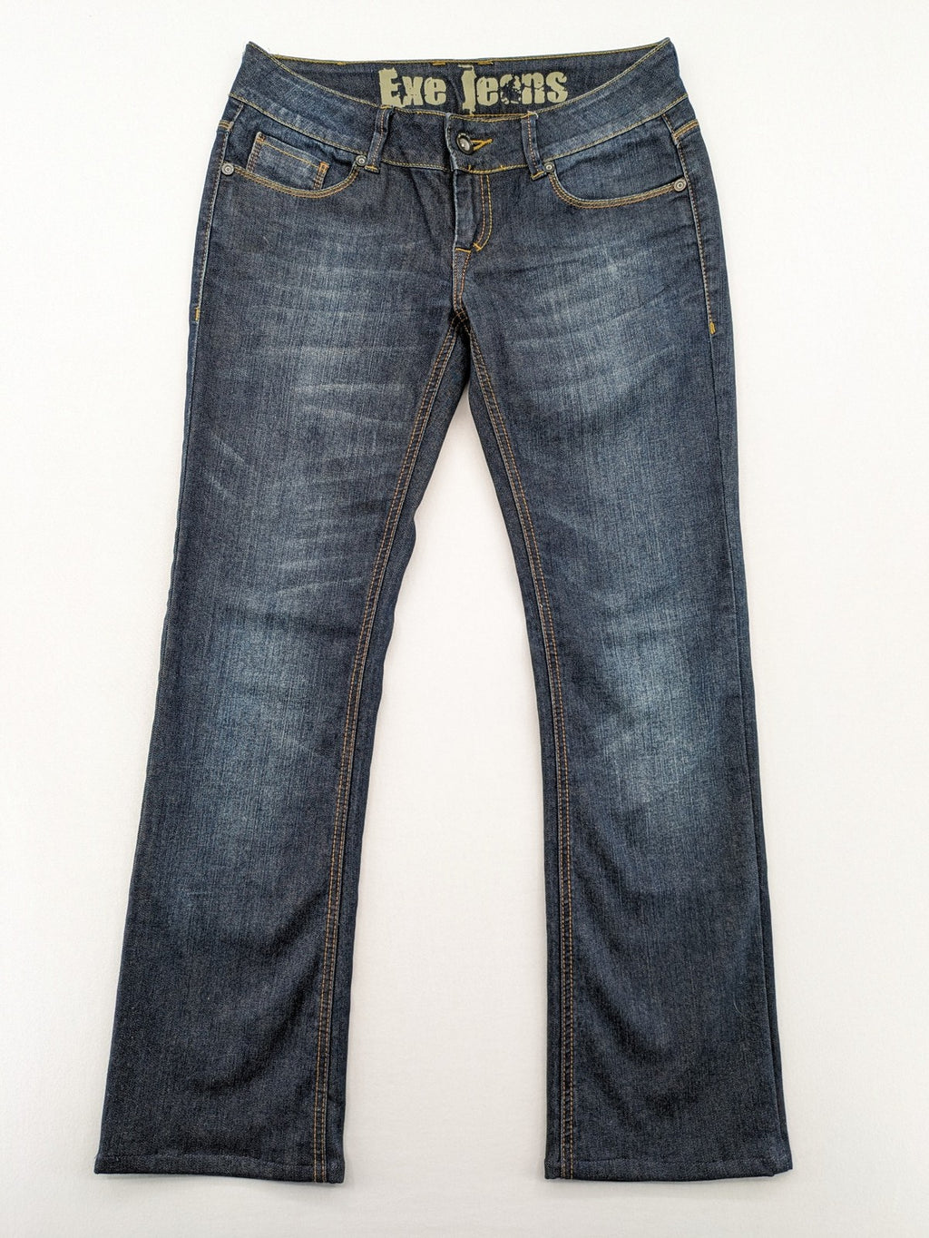 Exe blue straight jeans slim fit bootcut stretch denim with classic 5-pocket styling.