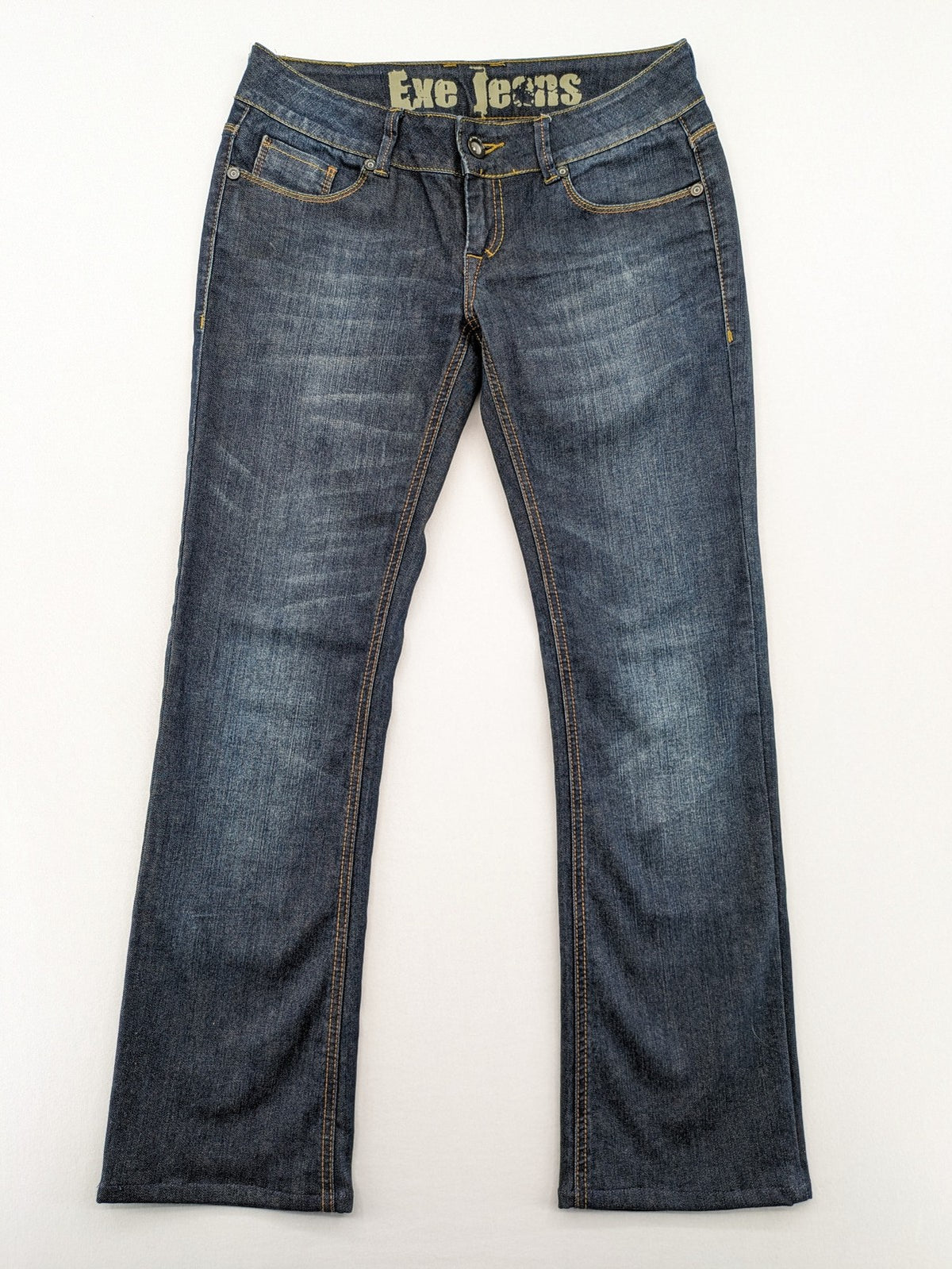 Exe blue straight jeans slim fit bootcut stretch denim with classic 5-pocket styling.