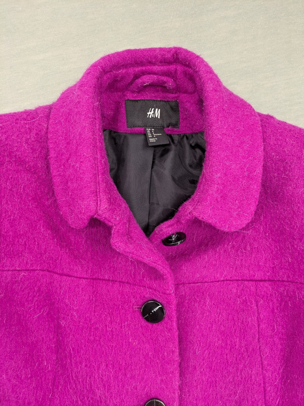 H&M purple coat classic collar vibrant fuchsia wool blend with button closure